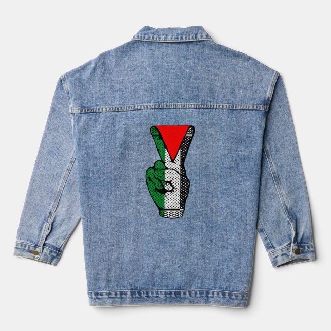 Victory Sign Hand Resistance Red Triangle Symbol Denim Jacket (Back)