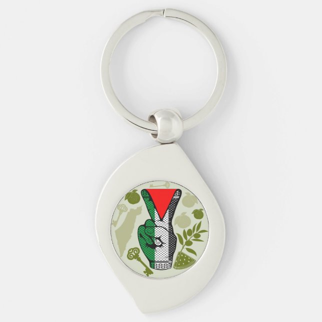 Victory Sign Hand Resistance Red Triangle Symbol Key Ring (Front)