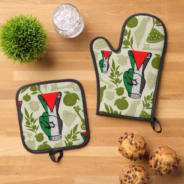 Victory Sign Hand Resistance Red Triangle Symbol Oven Mitt & Pot Holder Set (Top Down)