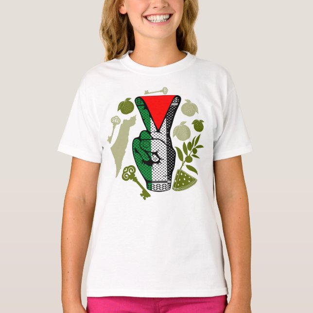 Victory Sign Hand Resistance Red Triangle Symbol T-Shirt (Front)