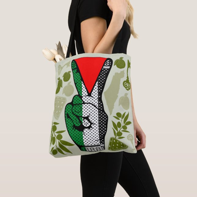 Victory Sign Hand Resistance Red Triangle Symbol Tote Bag (Close Up)