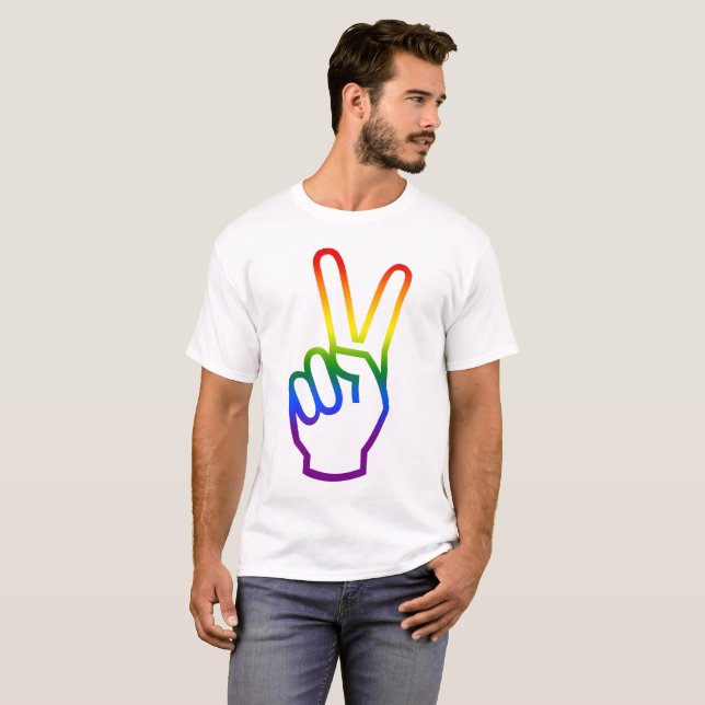 Victory Sign Peace Rainbow Flag Colours LGBT Pride T-Shirt (Front Full)
