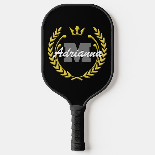 Victory Wreath Monogram and Name BlackBG Pickleball Paddle (Front)