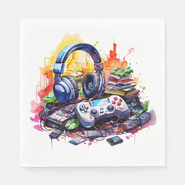 Video Controller and Headphones Boy's Birthday Napkin (Front)