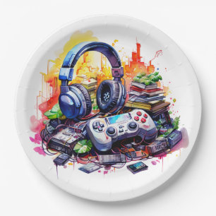 Video Controller and Headphones Boy's Birthday Paper Plate