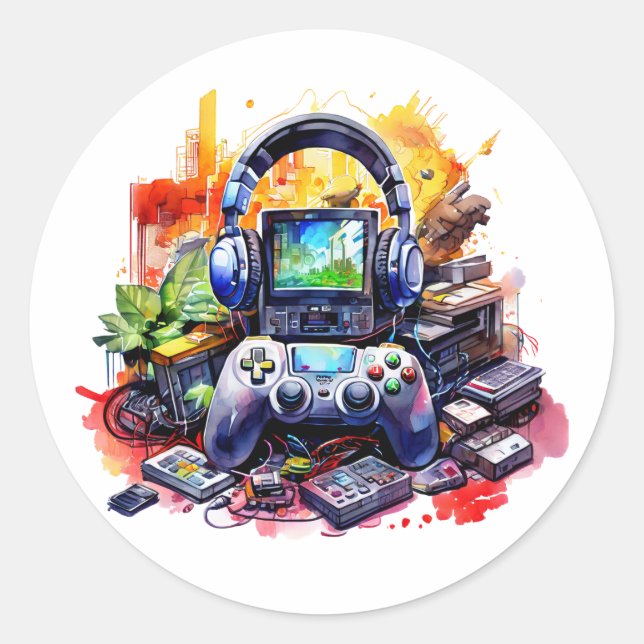 Video Controller and Headphones  Classic Round Sticker (Front)