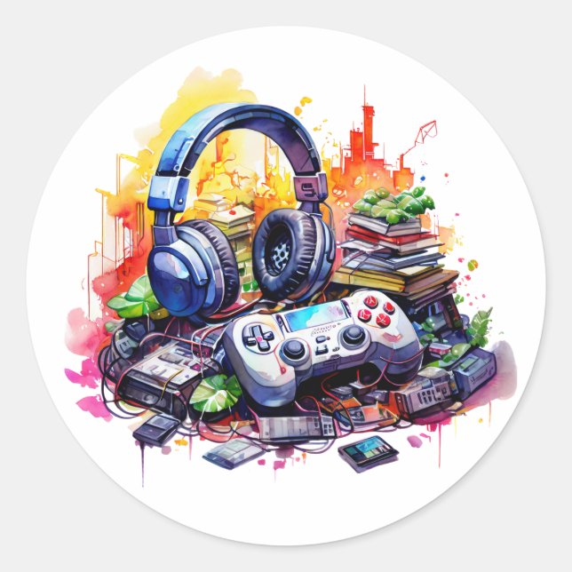 Video Controller, Headphones, Books Teen Classic Round Sticker (Front)