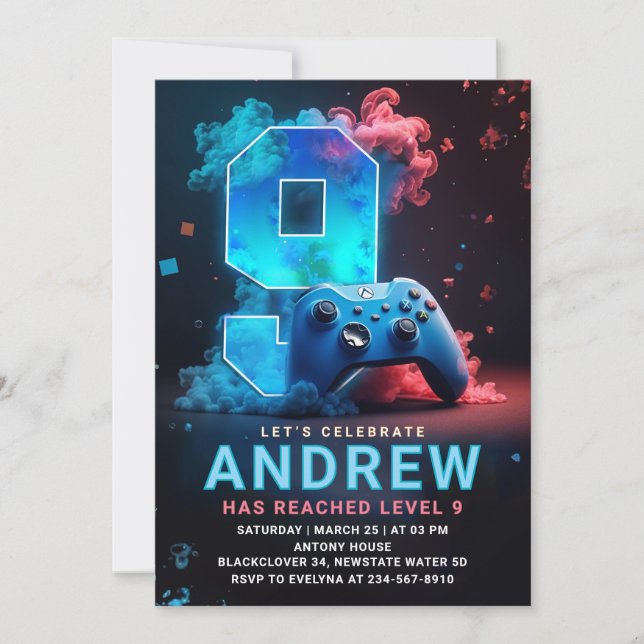 Video Game 9th Birthday Party Invitation (Front)