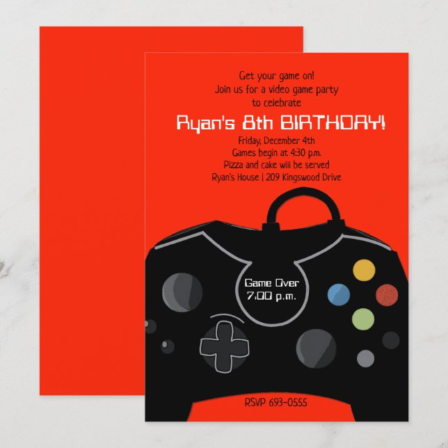 Video Game Birthday Boys Invitation Bright Red (Front/Back)