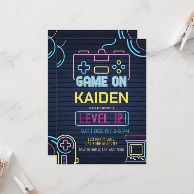 Video Game Birthday Invitation Arcade Invitation (Front/Back In Situ)