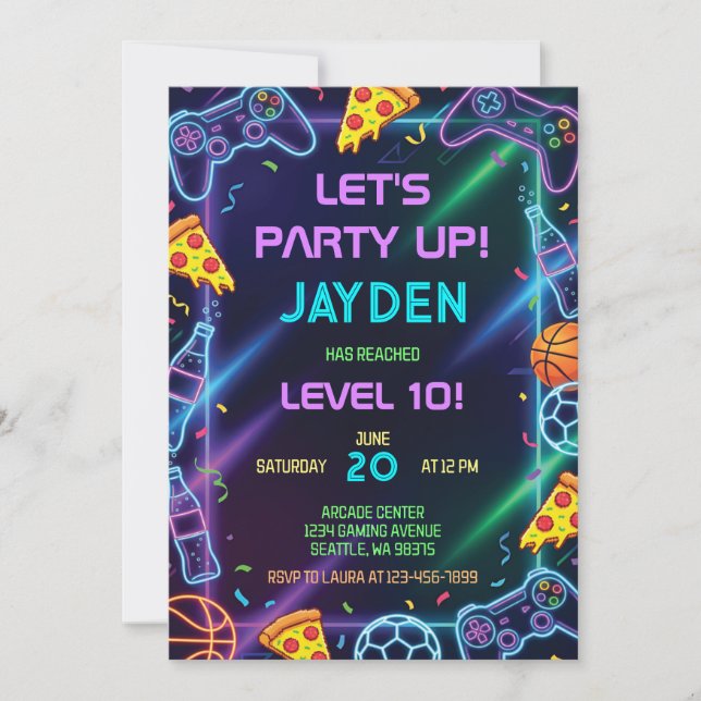 Video Game Birthday Invitation, Neon Gaming Party Invitation (Front)