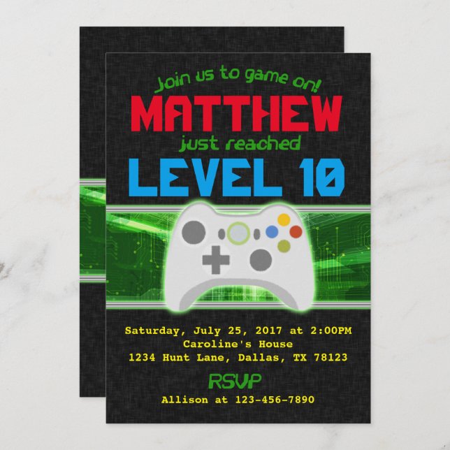 Video Game Birthday Party Invitation Invite (Front/Back)