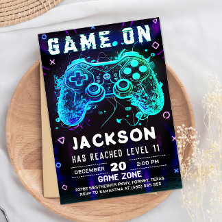 Video Game Birthday Party Neon Game On Invitation