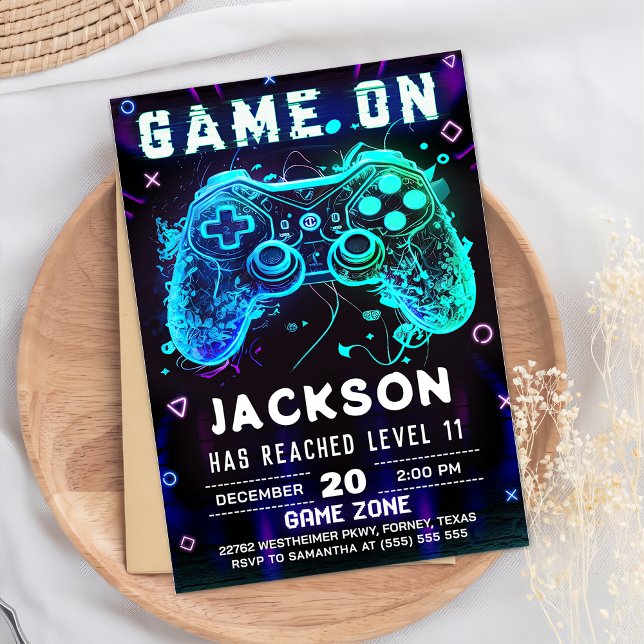 Video Game Birthday Party Neon Game On Invitation (Creator Uploaded)