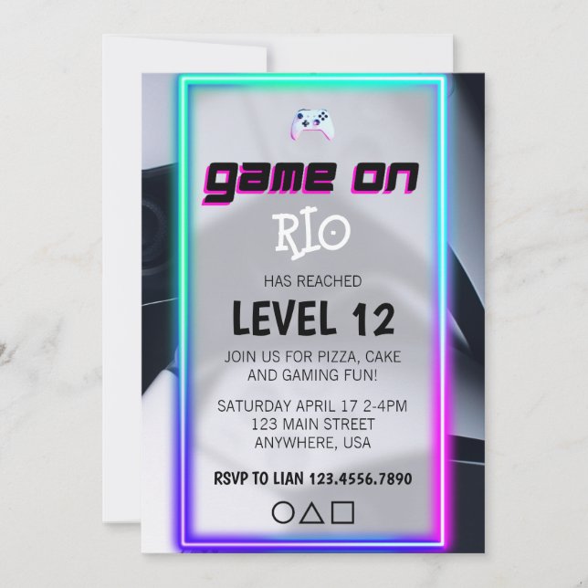 Video Game Birthday Party Neon Game On Level Up In Invitation (Front)