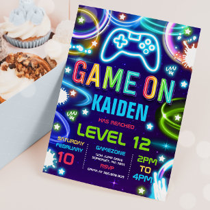Video Game Birthday Party Neon Game On Level Up In Invitation