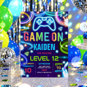 Video Game Birthday Party Neon Game On Level Up In Invitation