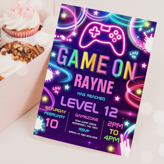Video Game Birthday Party Neon Game On Level Up Invitation (Creator Uploaded)