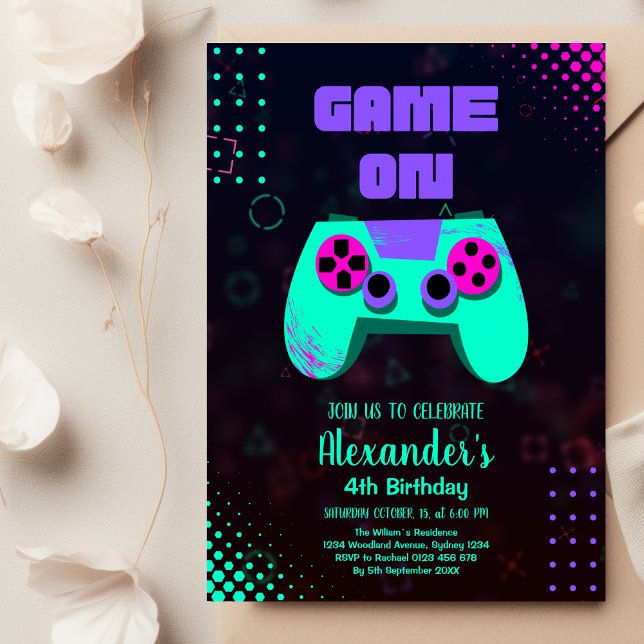 Video Game Birthday Party Neon Game On Level Up Invitation (Creator Uploaded)