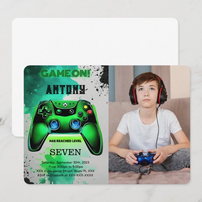 Video Game Birthday Photo Invitation (Front/Back)