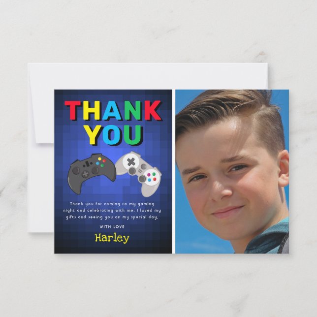 Video Game Birthday Photo Thank You Card (Front)