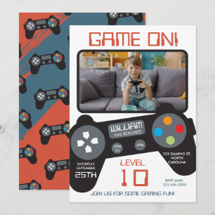 Video Game Blue Red Cool Boy Photo Birthday Invitation