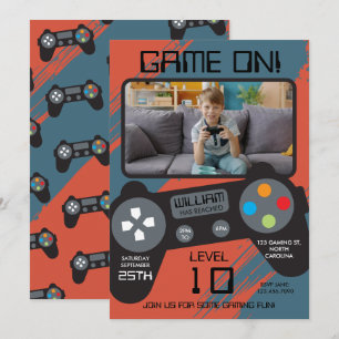 Video Game Blue Red Cool Boy Photo Birthday Invitation