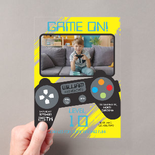 Video Game Blue Yellow Cool Boy Photo Birthday Acrylic Invitations