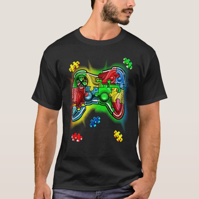 Video Game Controller Autism Awareness Puzzle Piec T-Shirt (Front)