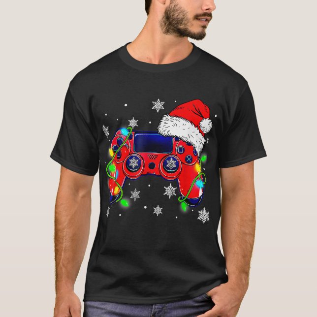 Video Game Controller Christmas Santa Hat Gamer Bo T-Shirt (Front)