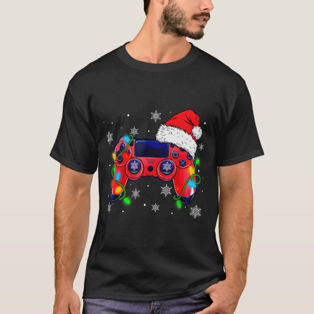 Video Game Controller Christmas Santa Hat Gamer Bo T-Shirt (Front)