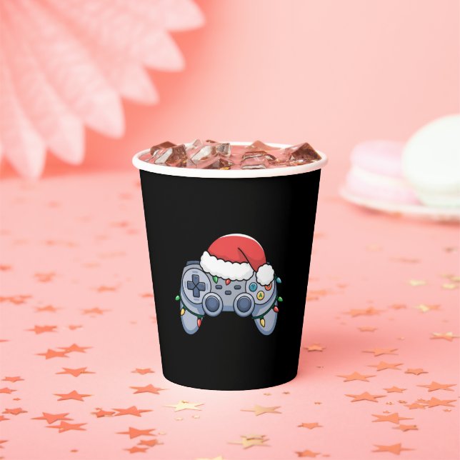 Video Game Controller Christmas Santa Hat Gamer Paper Cups (Insitu)
