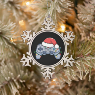 Video Game Controller Christmas Santa Hat Gamer Snowflake Pewter Christmas Ornament
