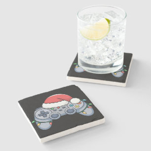 Video Game Controller Christmas Santa Hat Gamer Stone Coaster