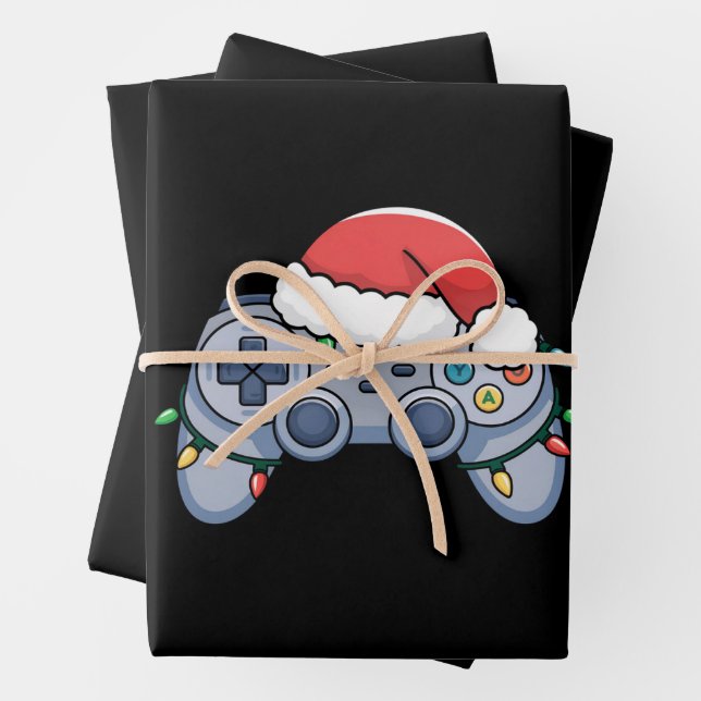 Video Game Controller Christmas Santa Hat Gamer Wrapping Paper Sheet (In situ)