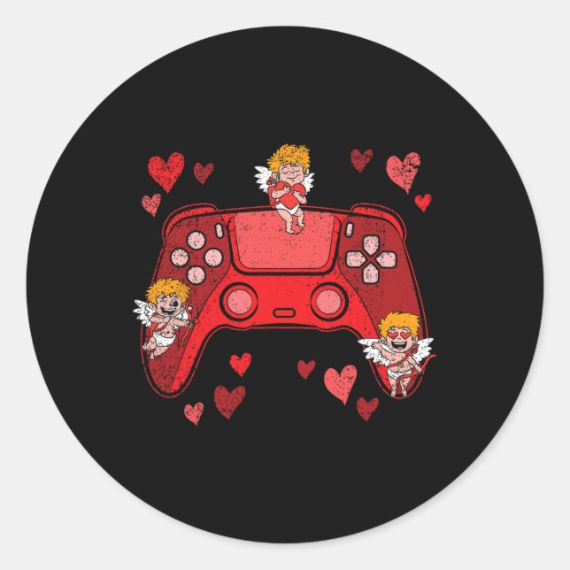 Video-game Controller Heart Valentines Day Cute Ga Classic Round Sticker (Front)