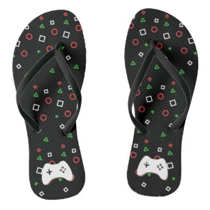 Video Game Controller, Let's Play, Red & Green Art Flip Flops