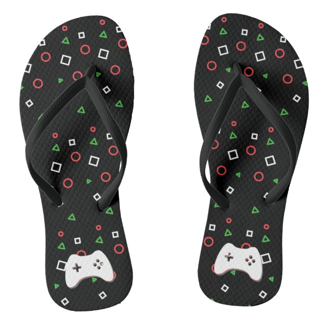 Video Game Controller, Let's Play, Red & Green Art Flip Flops (Footbed)