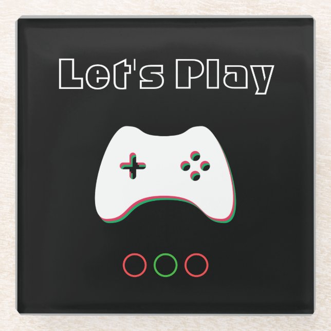 Video Game Controller, Let's Play, Red & Green Art Glass Coaster (Front)