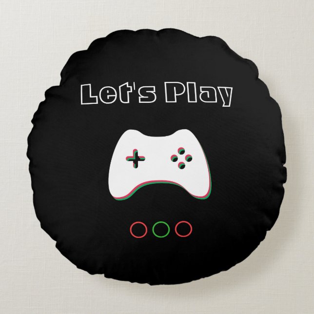 Video Game Controller, Let's Play, Red & Green Art Round Cushion (Front)