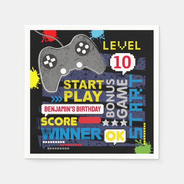 Video Game Controller Level Up Gamer Birthday Napkin (Front)