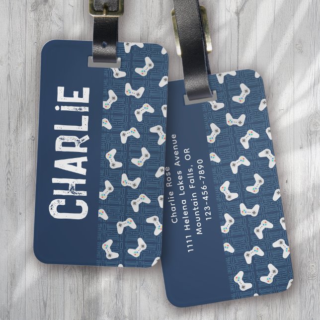 Video Game Controller Monogram Name Blue Luggage Tag (Creator Uploaded)