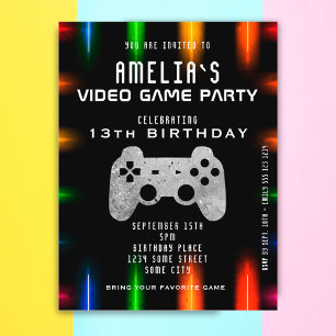 Video Game Controller Neon Gaming Birthday Invitation Postcard