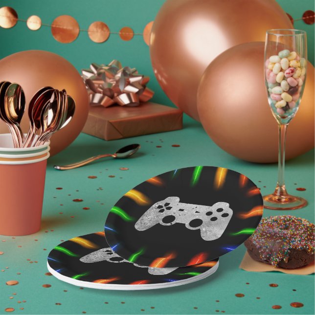 Video Game Controller Neon Gaming Birthday Party  Paper Plate (Multi)