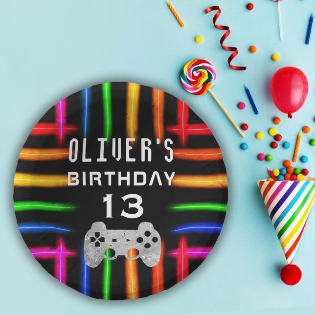 Video Game Controller Neon Gaming Birthday Party Paper Plate (Creator Uploaded)