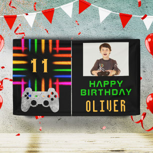 Video Game Controller Neon Gaming Birthday Photo Banner