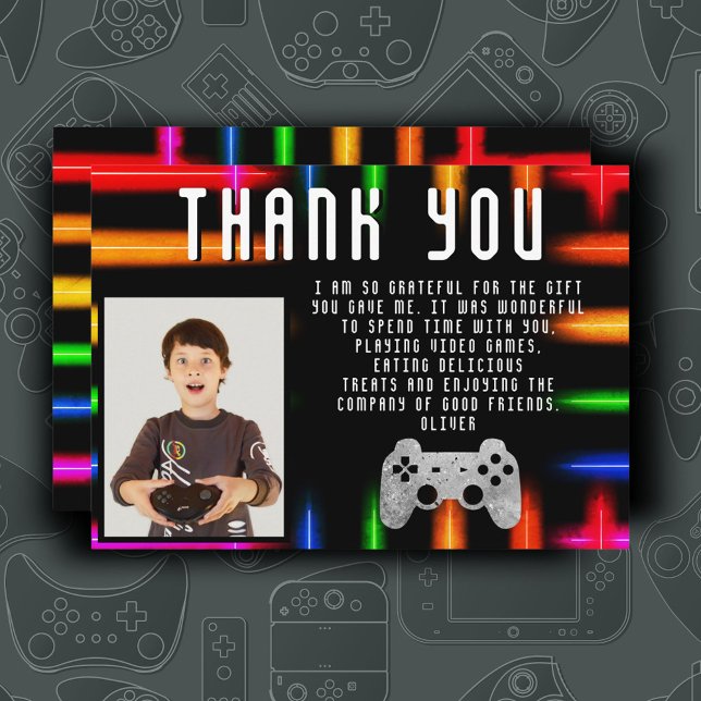 Video Game Controller Neon Gaming Photo Birthday Thank You Card (Creator Uploaded)