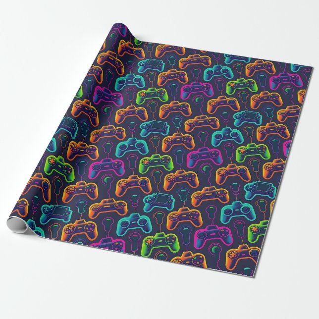 video game controllers neon wrapping paper (Unrolled)