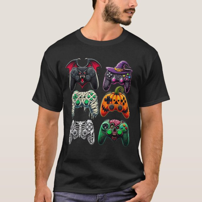 Video Game Controllers Witch Zombie Mummy Skeleton T-Shirt (Front)