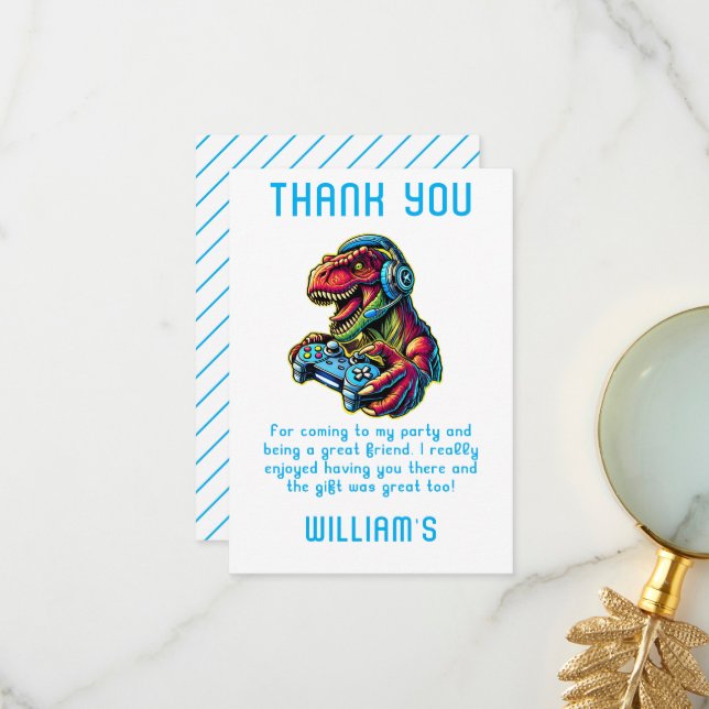 Video Game Dinosaur Gaming Birthday Party Thank You Card (Front/Back In Situ)